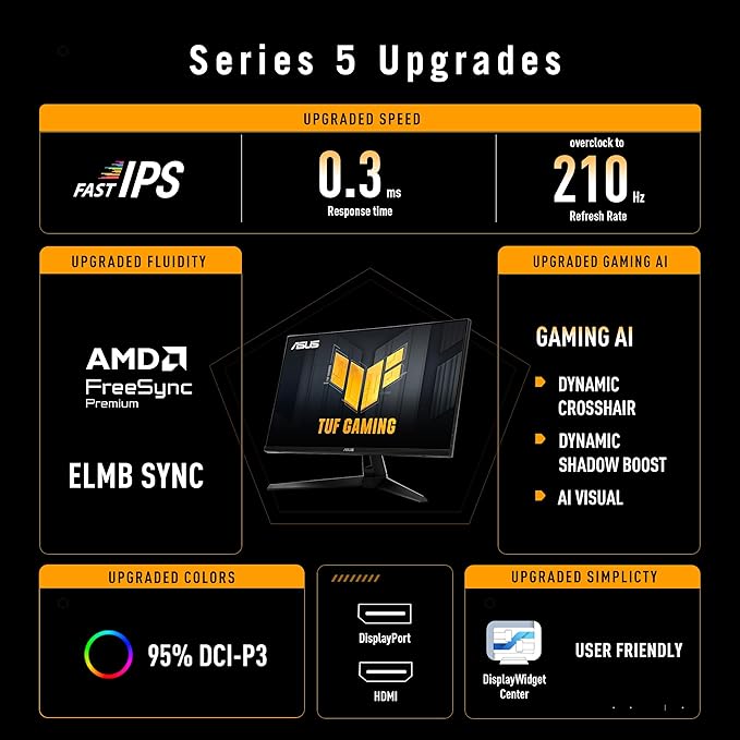 ASUS TUF Gaming 27” 1440P Monitor (VG27AQL5A) – QHD (2560 x 1440) 210Hz 0.3ms Fast IPS Extreme Low Motion Blur Sync Speakers DisplayWidget Center Gaming AI Height Adjustment 3 yr Warranty