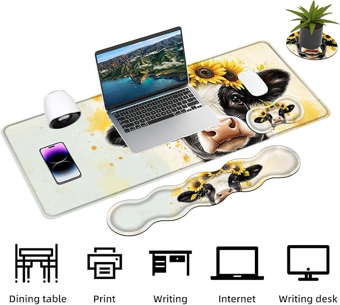 Keyboard Mouse Pad Set Extended Gaming Mouse Pad+Ergonomics Keyboard Wrist Rest Support Memory Foam Easy Typing Pain Relief 4Pcs XL Ultra Thick Desk MatCow with Sunflower