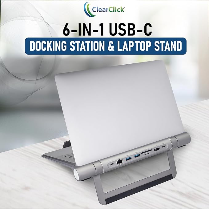 ClearClick 6-in-1 USB-C Portable Docking Station &amp Laptop Stand - 2X USB 3.0 Ports HDMI LAN Ethernet SD Card Reader MicroSD Card Reader USB PD Charging