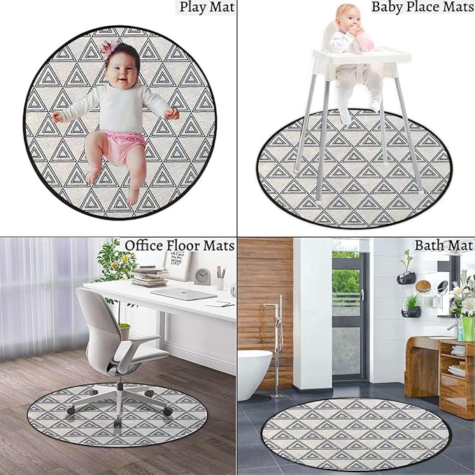 Black White Office Chair Mat Non Slip Round Floor Mat for Hardwood Floor and Protector for Rolling Chair Geometric Inner Triangles Style Diameter 43.3 in