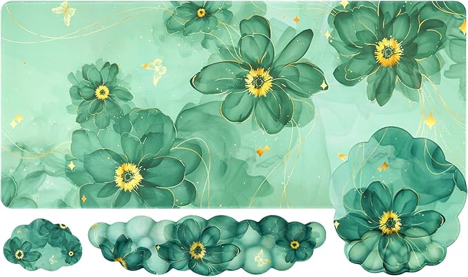 Conmputer Desk Mat Set 4 in 1 Cloud-Shaped Ergonomic Wrist Rest Set Mouse Pad with Non-Slip Base Memory Foam Silicone Lining Keyboard Wrist Rest Computers Offices GamingDark Green Stained Petal