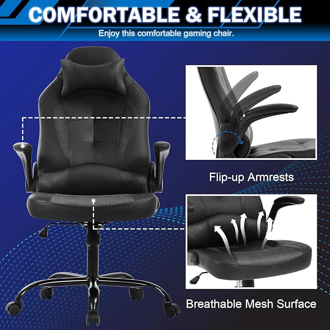 Gaming Chair Racing Chair with Lumbar Support - High Comfort PU Leather Ergonomic Office Desk &amp PC Gaming Chair for Adults Men Women - Flip-Up Arms &amp Headrest Black