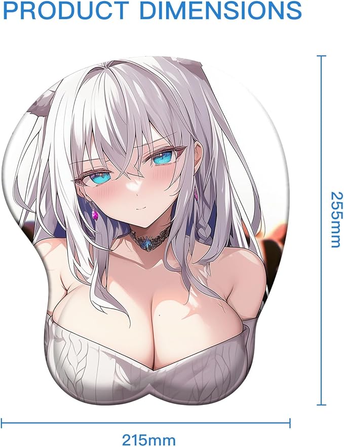 3D Mouse Pad Oppai Mouse Mat with Soft Gel Wrist Rest Anime Waifu Manga Gaming Boob pad Anti-Slip Mouse Mat (White Wolf Girl)