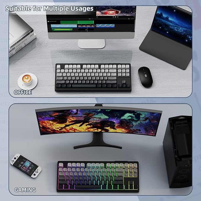 ZIYOU LANG M87 75% Wireless Gaming Keyboard Mechanical Feel Silent Rainbow Backlit Bluetooth/2.4Ghz PBT Gradient Keycaps Rechargeable 4000mAH Battery Ergonomic for MAC/Win/PC-Moonnight