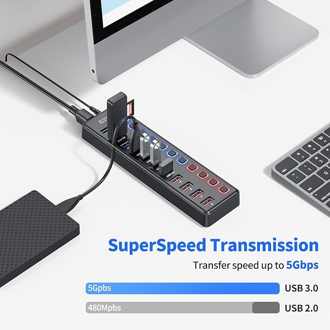 Powered USB Hub JESWO 11-Port USB 3.0 Hub (7 Data Transfer Ports + 4 Smart Charging Ports) with Individual LED On/Off Switches USB Hub Powered with 12V/3A Power Adapter for Mac PC