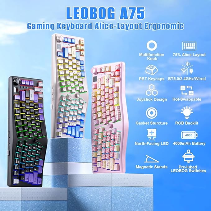 LEOBOG A75 Alice Keyboard Tri-Mode Ergonomic Gaming Keyboard with RGB Backlit Functional Knob Joystick 75% Layout Hot-Swap Gasket Custom Keyboards for Win Mac PC Gamer-Black