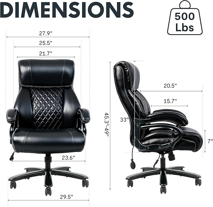 FLEXISPOT 500lbs Big and Tall Office Chair for Heavy People Heavy Duty Computer Chair with Stable Arms Adjustable Lumbar Support Metal Base Desk Chairs for Home Office Gaming Working Leather Black
