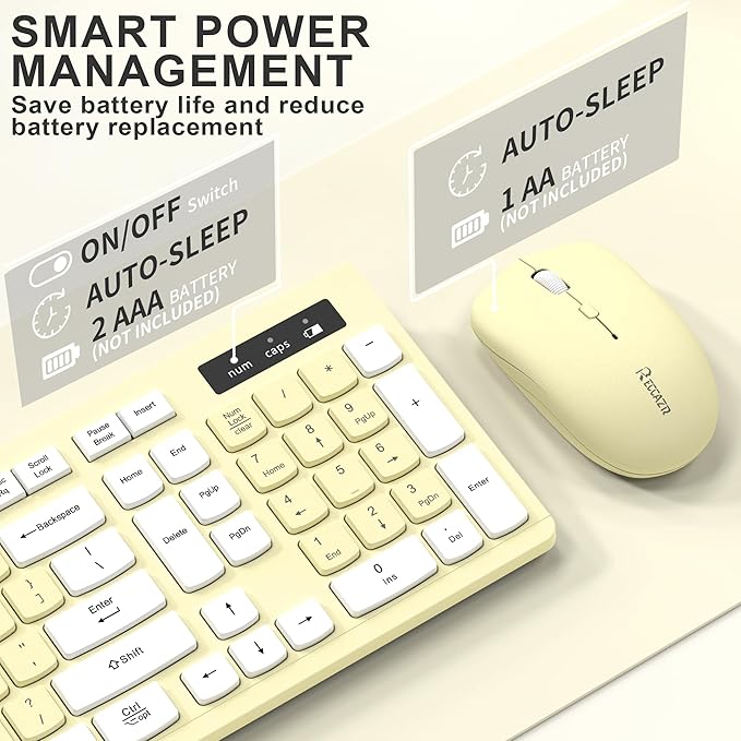 Wireless Keyboard and Mouse Combo Full-Sized Wireless Keyboard and Adjustable DPI Mouse 2.4GHz USB Receiver Keyboard and Mouse for PC Windows Desktop Laptop (Canary Yellow)