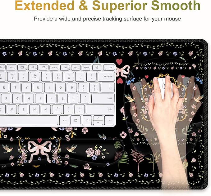 Mouse Pad with Wrist Support 4 in1 Set XXL Big Game Mousepad + Keyboard Wrist Rest + Mouse Wrist Rest Pad +Coaster Gaming Mat for Home Office Work Computer Laptop I Vintage Floral Romantic Bow