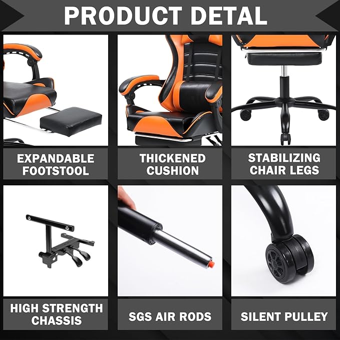 Gaming Chair Computer Chair with Footrest and Lumbar Support Ergonomic Video Game Chair with Headrest and 360°-Swivel Seat Height Adjustable Gamer Chair Office Desk Chair (Orange)