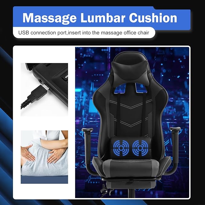 Massage Gaming Chair - Ergonomic PC Racing Office Chair with Lumbar Support Headrest Armrest Footrest - Black Heavy Duty PU Leather Recliner for Adults Gamer (Grey)