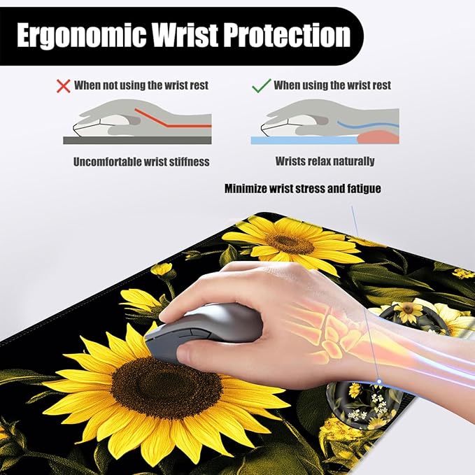 Mouse PadLarge Desk Mat Set 4in1 XL Mousepad + Keyboard Wrist Rest+Mouse Wrist Rest+Coaster with Ergonomic Desk Pad for Home Office Table Computer Cover -Sunflowers and White Flowers