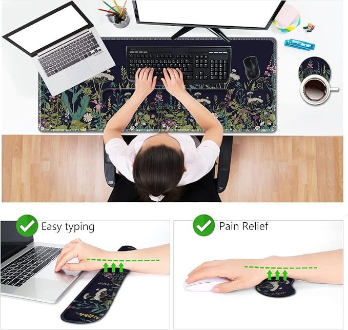 AIMSA Large Gaming Mouse Pad Set Keyboard Wrist Rest Support + Extended Mouse Pad + Mouse Wrist Cushion + Coaster Ergonomic Multifunctional Desk Mat 35x15.7in Anti-Slip Rubber Base (Flowers Plants)