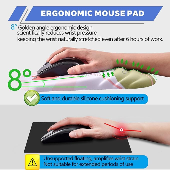 Ergonomic Mouse Pad with Wrist Rest Milk Silk Fabric Durable Silicone Filling Non-Slip Pu Base Massage Design Pain Relief Mousepad for Wireless Mouse and Desk 12x8inch Pink Tulip