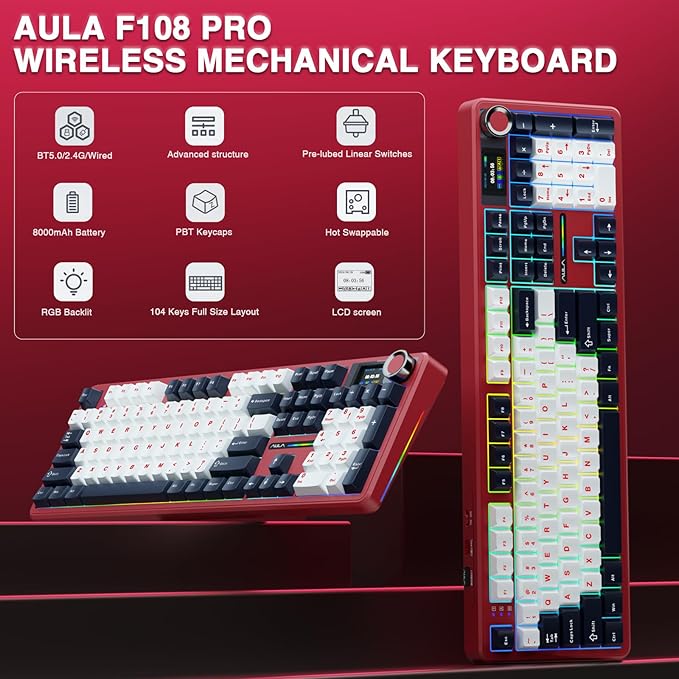 AULA F108 PRO - Wireless Mechanical Keyboard with Screen&ampKnobHot Swappable Gaming Keyboard with 8000mAh BatteryPre-lubed SwitchesRGB BacklitPBT Keycaps Creamy Sounding Computer Keyboards104 K
