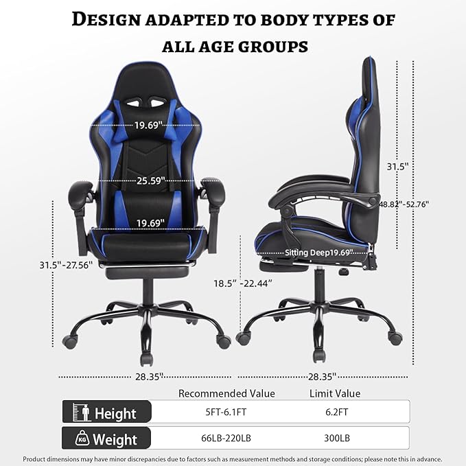 Gaming Chair with Massage for Adults Ergonomic PC Computer Chair with Footrest Comfortable Headrest and Lumbar Support PU Leather Recliner Swivel Rocker Height Adjustable (Black+Blue)