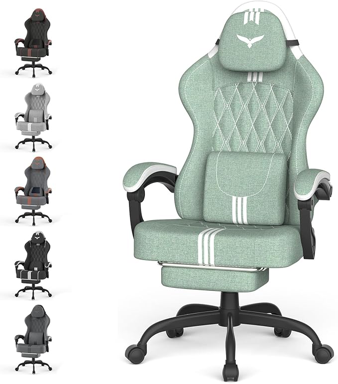 Ferghana Cotton Fabric Gaming Chair with Wider Seat Cushion Diamond Double-Stitching Ergonomic High Back Game Chair with Footrest Computer Chair with Massage Lumbar Support for Adult Green/White