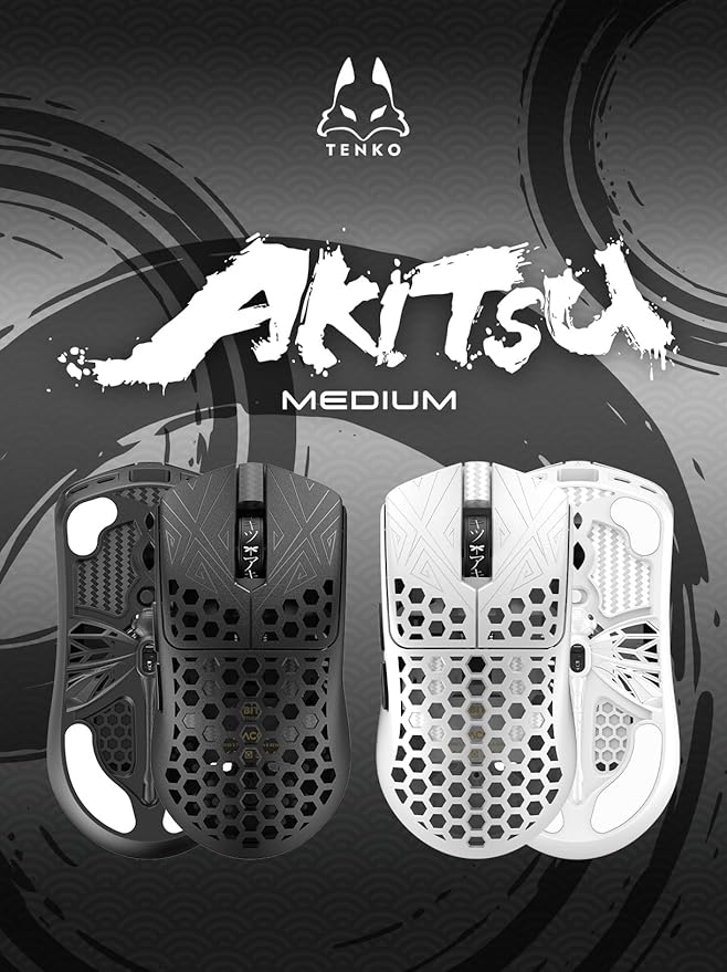 Tenko ARBITER Akitsu Medium Carbon Fiber Gaming Mouse - Ultra-Light 40g Wireless 8K Polling 30K DPI PIXART 3950 Sensor 60Hr Battery LCD Receiver Display - White