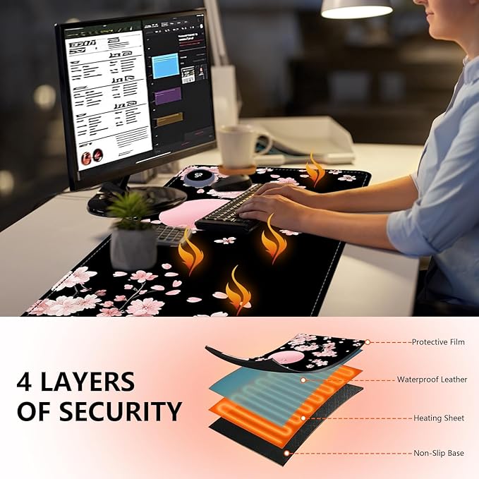 Heated Mouse Pad - 3 Temperature Settings (86°F–122°F)Auto Shut OffLarge 31.5x13 Inch PU Leather Desk Mat for OfficeGamingCold Hands ReliefPink Cherry Blossom Moon