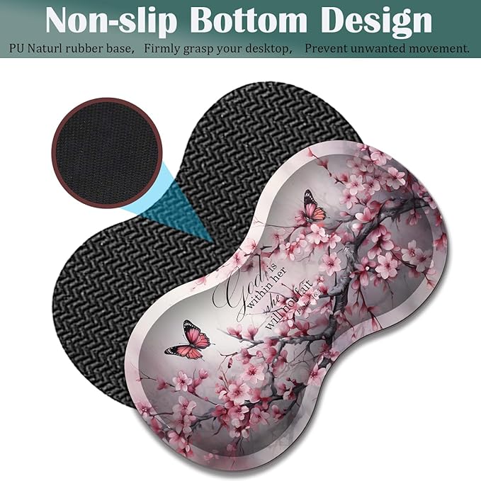 Large Game Mouse Pad + Wrist Support Pad + Coffee Coaster Desk Pad with Sewn Edges Anti-Slip Set pad Suitable for Office Work and Home - Cherry Blossom Butterflies