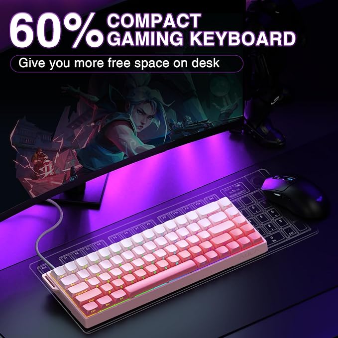 AULA WIN68 HE Mechanical Gaming Keyboard 60% Hall Effect Magnetic Switch Fast Trigger Mode Adjustable Actuation 8000Hz Polling Rate RGB Backlit Wired Pink Keyboard for Laptop/PC Gamer