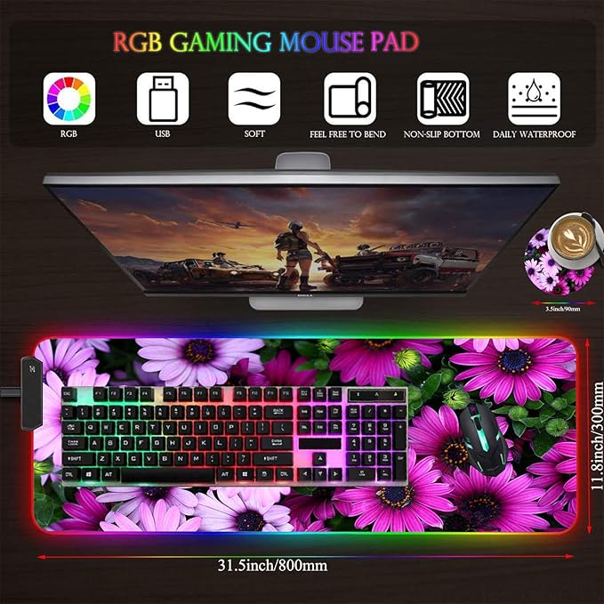 Customized RGB Gaming Mouse Pad and Coffee CoasterLarge Glowing Led Anti-Slip Rubber Base Computer Keyboard Desk Mouse Mat 31.4x11.8 InchAfrican Daisy