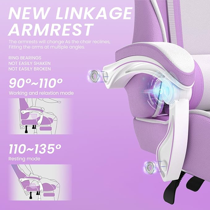 Ferghana Kawaii Light Purple Gaming Chair with Bunny Ears Ergonomic Cute Gamer Chair with Footrest and Massage Racing Reclining Leather Computer Game Chair for Girls Adults Teens Kids