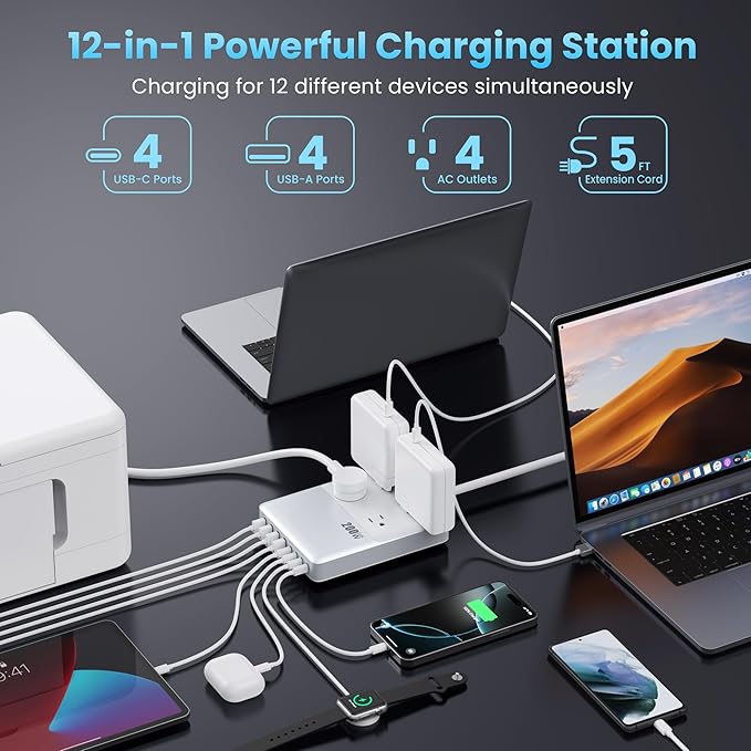 12-in-1 Charging Station USB C Power Strip with 5ft Cord200W GaN IV USB C Charger Block4 AC Outlets8 USB for MacBookiPhone 16/15/14Fast Charging Desktop Charger for Office (A-White)