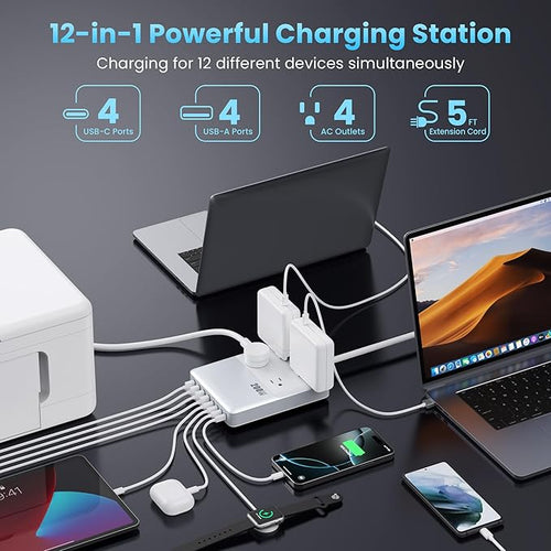 12-in-1 Charging Station USB C Power Strip with 5ft Cord200W GaN IV USB C Charger Block4 AC Outlets8 USB for MacBookiPhone 16/15/14Fast Charging Desktop Charger for Office (A-White)