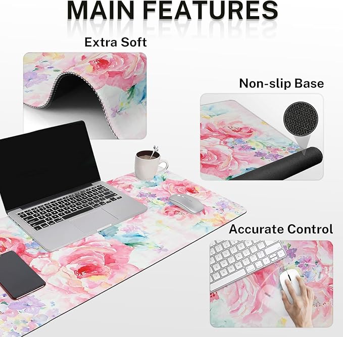Arttown Flower Painting Desk Mat Watercolor Abstract Mouse Pad Set 4-in-1 Large Mousepad+Keyboard Wrist Rest+Mouse Wrist Rest+Coaster with Ergonomic Design Non-Slip Mat