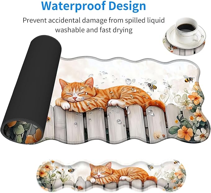Large Mouse Pad and Keyboard Wrist Rest Desk Pad for Keyboard and Mouse 4-in-1 Large Gaming Mouse Pad with Wrist Support Desk Mat for Home Office Study Game-Sleeping Cat on Fence