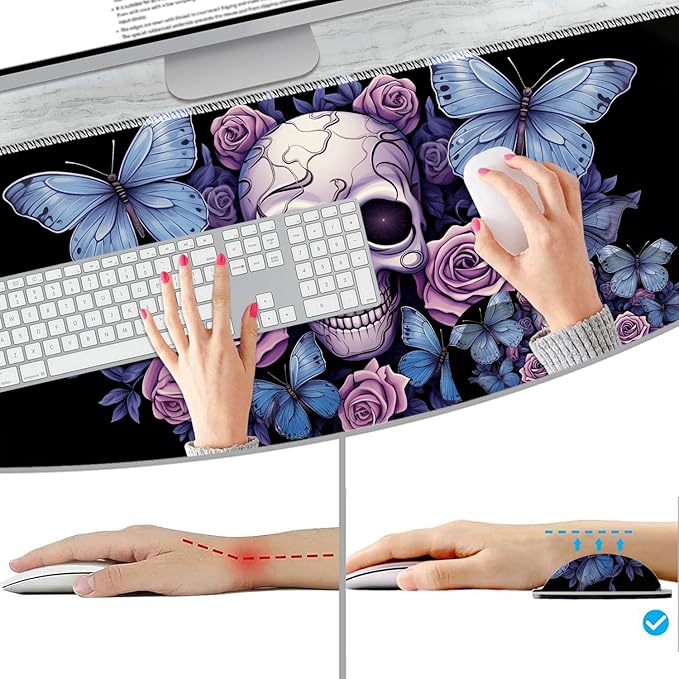 Extended Non-Slip Mouse Pad + Mouse Wrist Rest + Lace-Shaped Coaster Set Ergonomic Design Suitable for Desk and Home Gaming Table Mat Skull Butterfly Roses