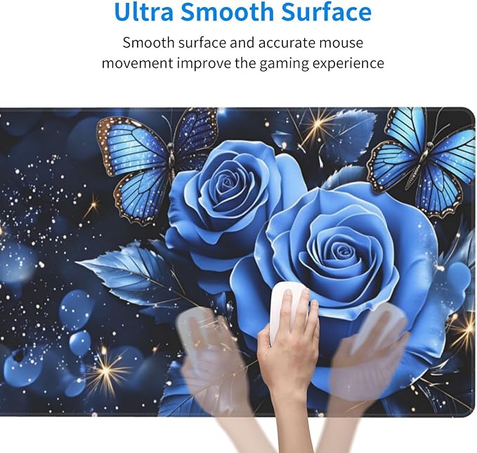 Blue Roses with Butterflies Desk Cover MatExtended Large Mouse PadComputer Laptop Mat Desk Decor for Office Game Home 30x16 Inch