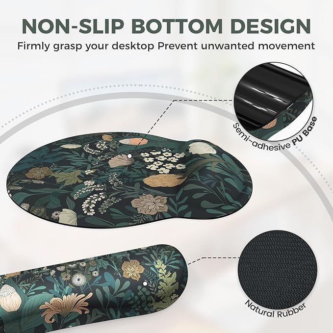 iCasso Desk Cover Mat 4in1 Floral Large Mouse Pad with Wrist Rest Desk Matt for Desktop Anti-Slip XXL Big Computer Ergonomic Mousepad with Wrist Support for Keyboard and Mouse (Weeds)