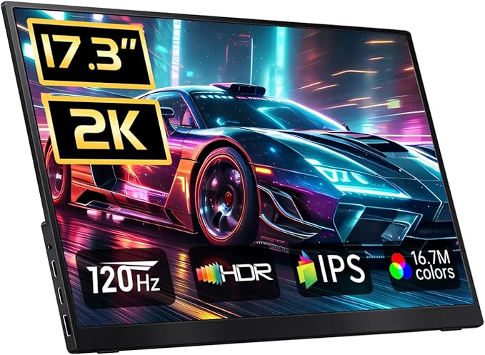 Portable Monitor 2K 120Hz 17.3'' QHD 2560x1440P 100% DCI-P3 Ultra Slim Travel Gaming Monitor with Kickstand USB-C HDMI HDR External Screen for Laptop PC Mac Xbox Switch PS5/4