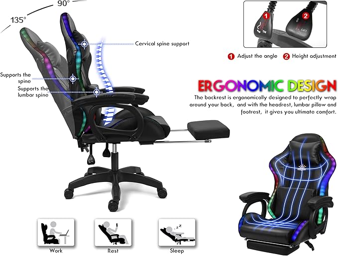 Gaming Chair with LED Lights and Speakers Ergonomic Pro Video Game Chair with Massage and Footrest for Adults Teens and Kids - Perfect for Gaming Office and Working. (Pink+White)