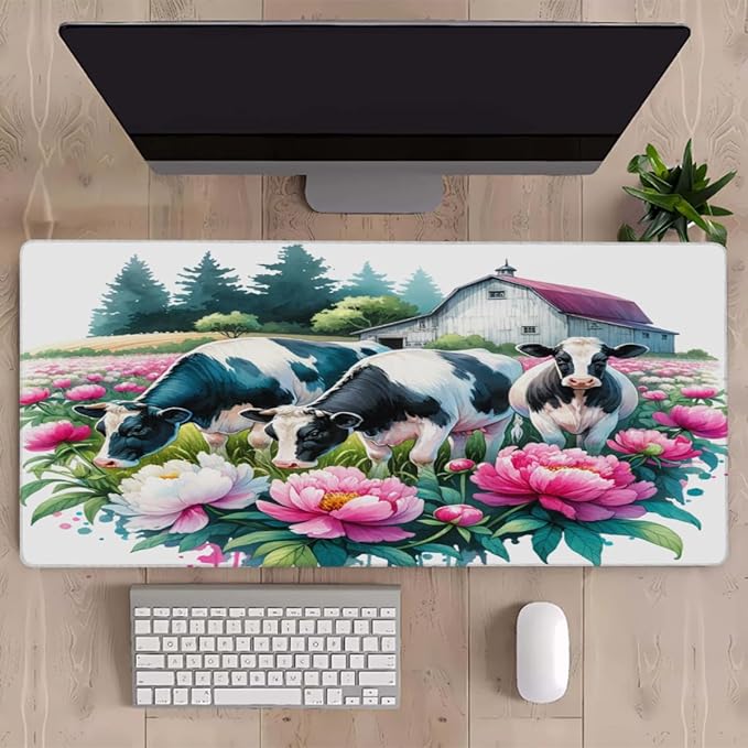 Farm Cow Pink Flower Large Mouse Pad Gaming Mousepad Desk Mat for Desktop Computer Keyboard Waterproof Mouse Mat Desk Pad with Non-Slip Base for Game School Office Home 35.4 x 15.7
