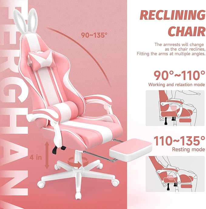 Ferghana Kawaii Pink Gaming Chair with Bunny Ears Ergonomic Cute Gamer Chair with Footrest and Massage Racing Reclining Home Computer Game Chair for Girls Adults Teens Kids
