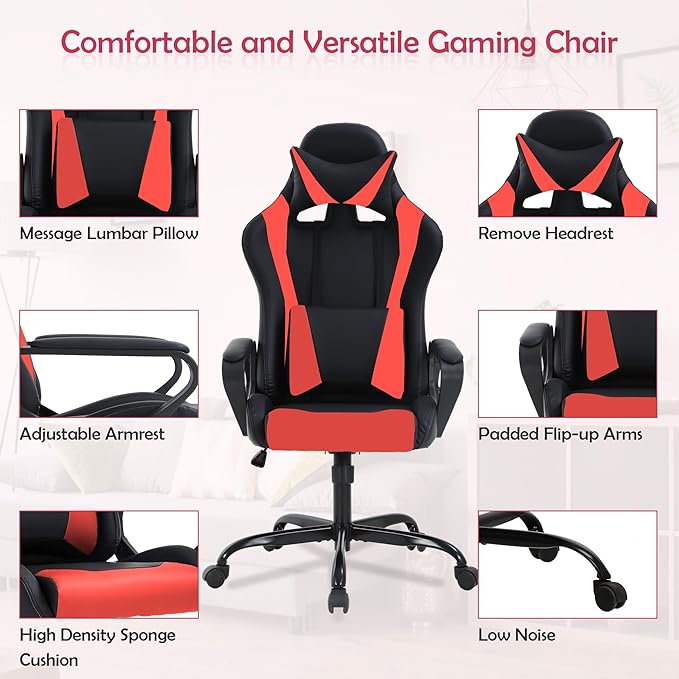 Gaming Chair High Back PU Leather Gaming Chairs Computer Chair with Armrest Headrest and Lumbar Support for Kids Teen Adults Men Women Height Adjustable Gamer Chair Computer Chairs for Adults