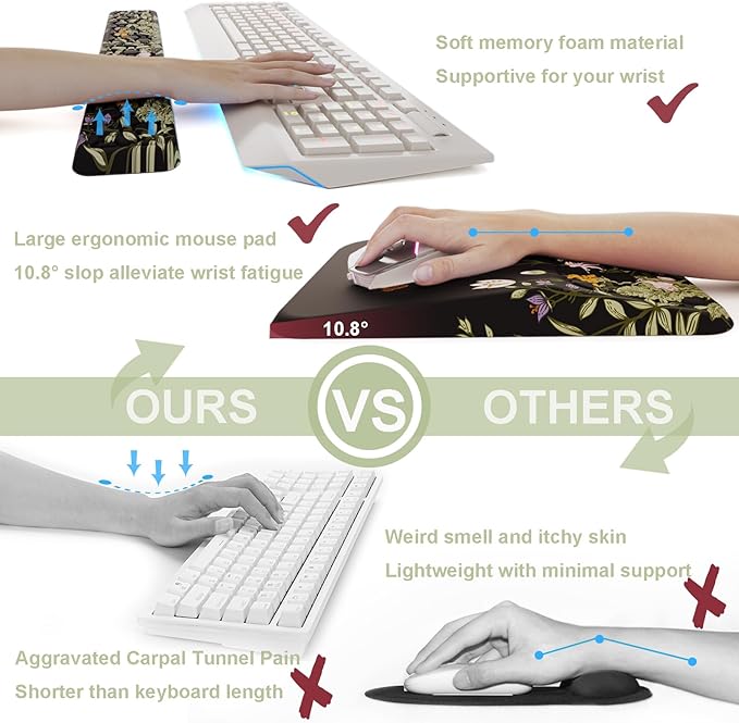 Ospelelf Ergonomic Keyboard Wrist Rest and Large Mousepad with Wrist Rest Support for Computer Gaming Flower