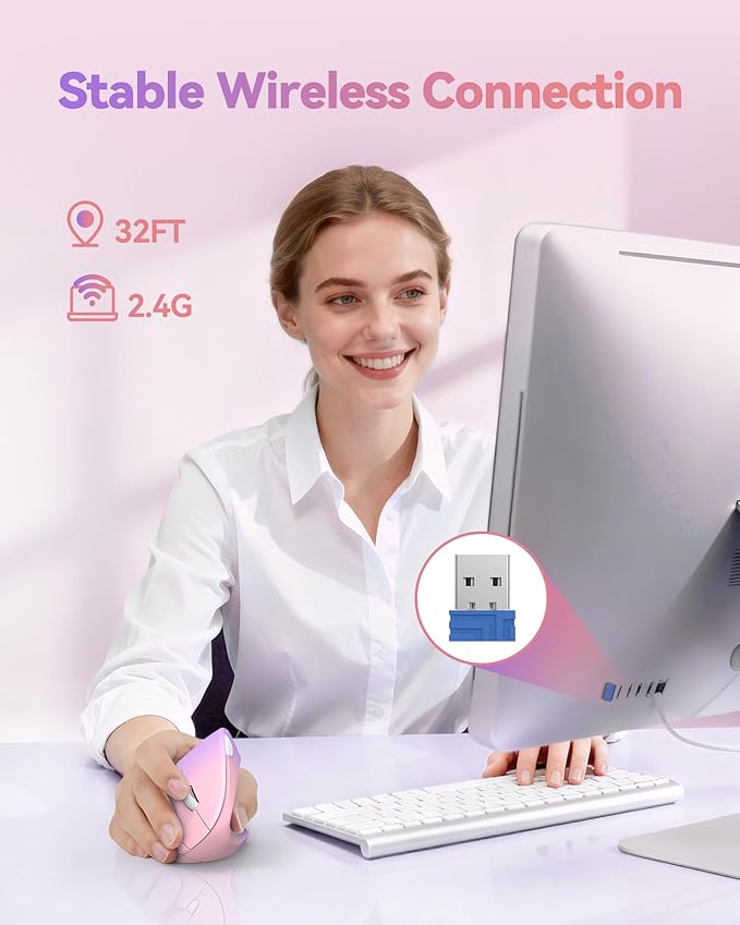 TECKNET 2.4G Ergonomic Mouse Vertical Wireless - 4800 DPI Optical Carpal Tunnel Mice Right Hand 4800 DPI Adjustable Quiet Clicks 6 Buttons for Laptop Desktop PC Computer - Pink Purple