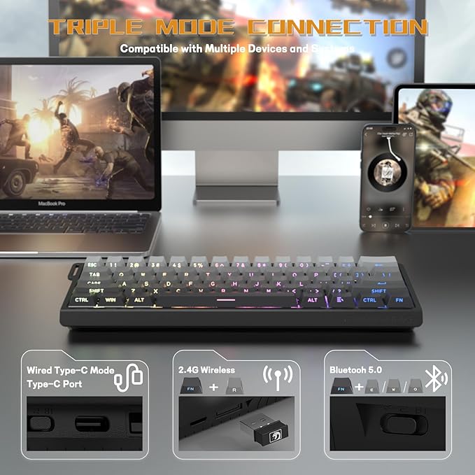 MAMBASNAKE X60 HE 60% Rapid Trigger Wireless Gaming KeyboardHall Effect Magnetic SwitchesAdjustable Actuation0.1ms Ultra-Low Latency 8KHz Polling Rate3-Mode RGBPBT Keycaps for Win/Mac-Moon Night