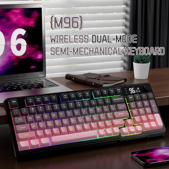 LexonElec M96 Wireless Keyboard Low Profile Quiet Typing Membrane Gaming Keyboard with Smart Display &amp Knob RGB Backlit USB C Rechargeable 94 Keys PBT Keycap for Windows PC Mac Linux-BlackBe
