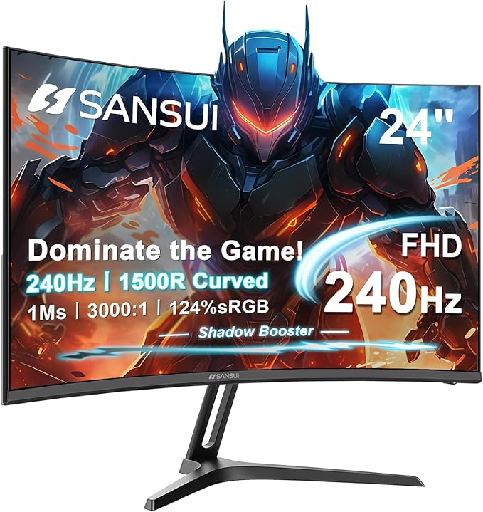 SANSUI 24 Inch Curved 240Hz Gaming Monitor FHD 1080P 1500R Curve Computer Monitor 124%sRGB 3000:1 Contrast Ratio HDR FreeSync MPRT 1Ms Low Blue Light HDMI DP ports.(ES-G24C1 PRO DP Cable Incl)