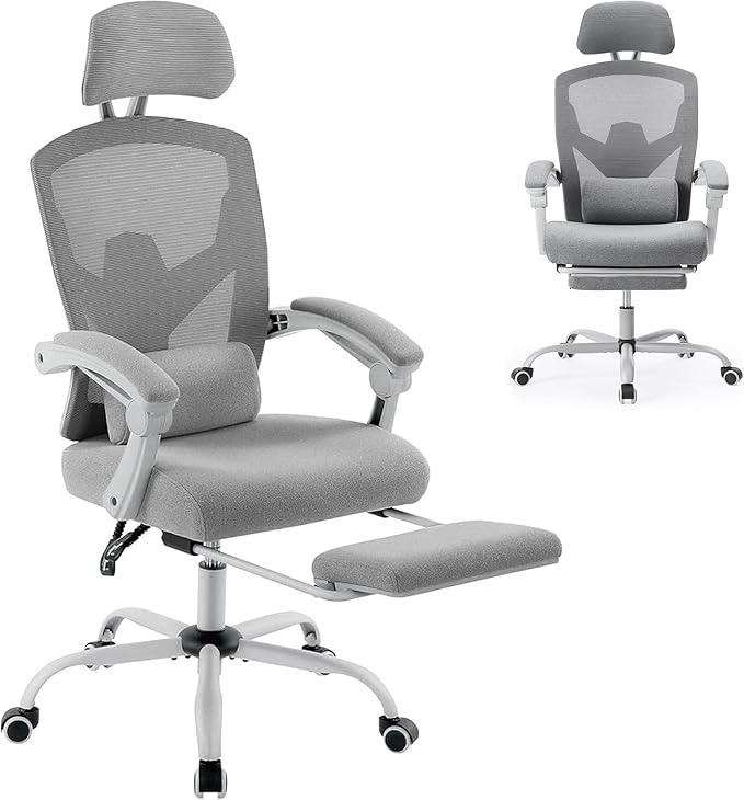 Ergonomic Office Chair with Footrest Comfortable Desk Chair Gaming Chair with Leg Rest Swivel Mesh Desk Chair with Headrest and Lumbar Support for Home Office Work Study Grey