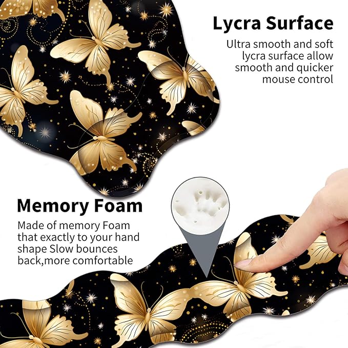 Keyboard Wrist Support + Wrist Mousepad + Coaster Combination Non-Slip PU Base with Gel Memory Mousepad Suitable for Gaming Office Pain Relief Mousepad Set - Golden Butterfly