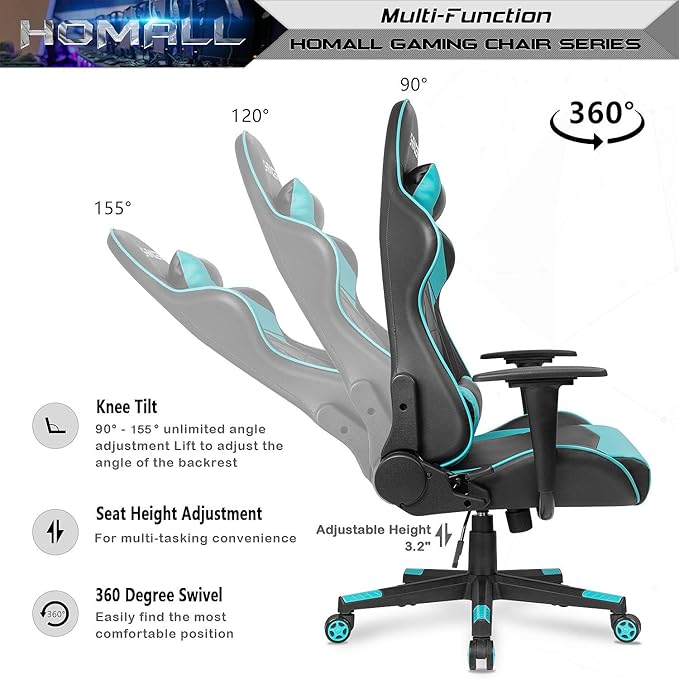 Homall Gaming Chair Office Chair High Back Computer Chair Leather Desk Chair Racing Executive Ergonomic Adjustable Swivel Task Chair with Headrest and Lumbar Support(Cyan)