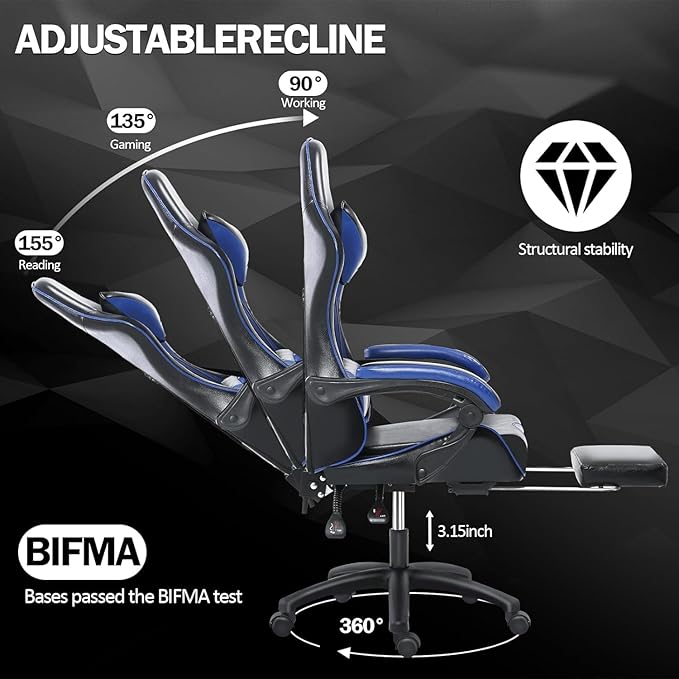 Gaming Chair - Premium Gaming Chairs for Adults Adjustable Video Game Chairs Comfy Gamer Chairs for Adults Uniquely Designed VTech Gaming Office Silla Gamer (Black+Blue)