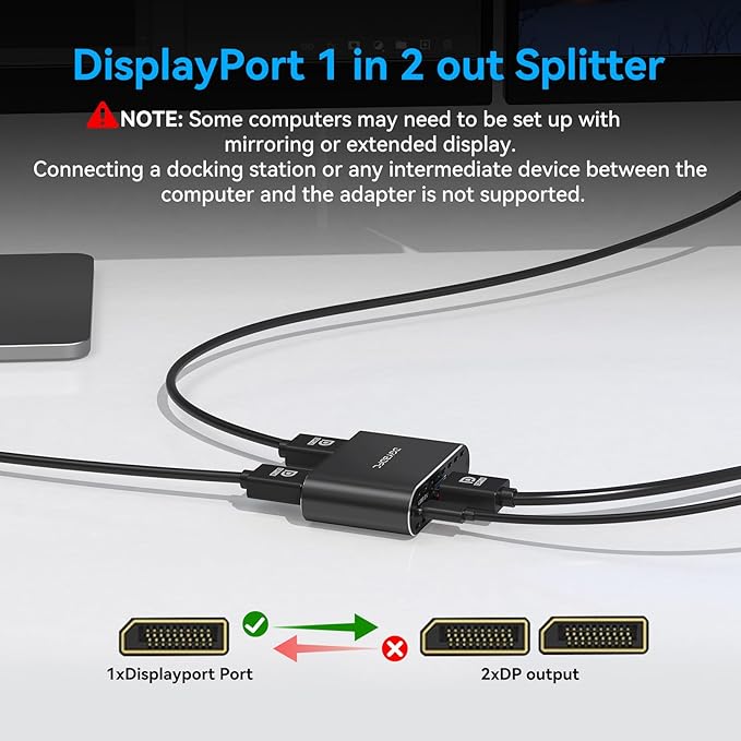 DisplayPort to Dual DisplayPort Adapter Dual 4K120Hz or 4K144Hz+4K60Hz Extend/Copy Mode/SST/MST to 2 DP Display Port Adapter for 2 Monitors (MacOS Only Supports SST Mode No DP Cable)