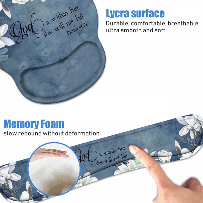 Keyboard Wrist Rest + Mouse Pad Wrist Support Set with Coasters Non-Slip PU Base Ergonomic Mousepad for Home Office Working Studying Easy Typing &amp Pain Relief Quote Bible Verses Psalm 46:5